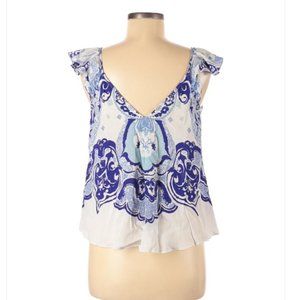 Maeve Flutter Sleeve Blouse Printed Blue White